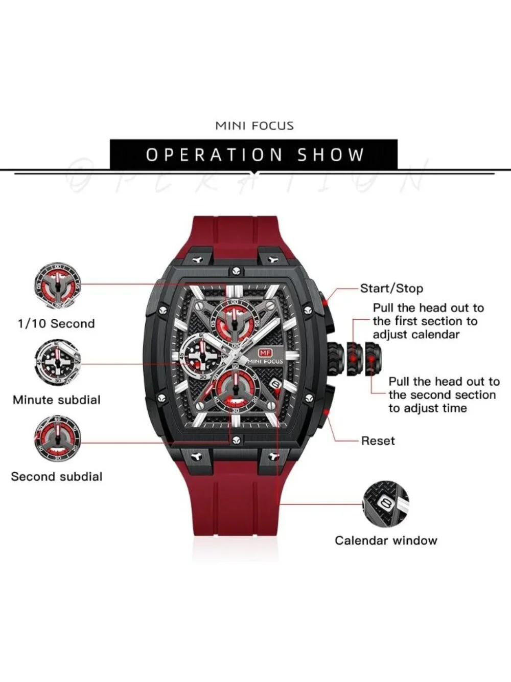 Mens Red Black Analog Wrist Skeleton Tonneau Chronograph Ideal Enthusiasts Watch